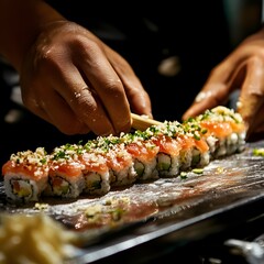 Sushi Mastery: A Moment of Focused Craftsmanship in High-End Japanese Cuisine, sushi on a plate