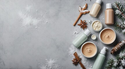 Soft Winter Skincare Flatlay with Creams and Snowflakes on Grey Background