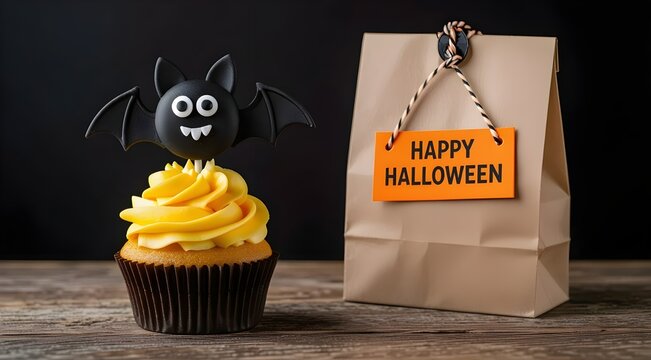 Halloween-themed cupcake with a smiling bat decoration and a paper gift bag