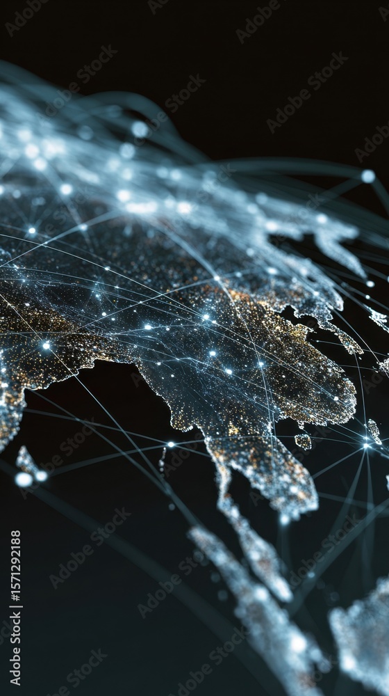 Poster dynamic digital overlay of an asia map illustrating the convergence of data networks telecommunicati