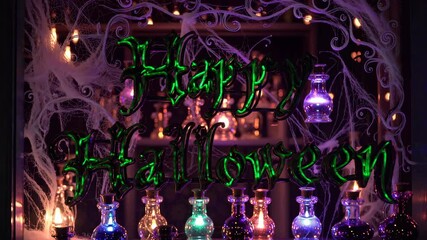 Discover a festive Halloween atmosphere filled with colorful potion bottles and ghostly decorations. This captivating setup invites everyone to join in the holiday spirit
