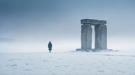 Solitary Figure Walking Towards Stone Pillars in Snowy Foggy Landscape