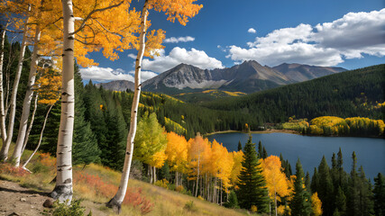 A serene view of a grove of tall aspen trees with vibrant green leaves against a clear blue sky in Colorado