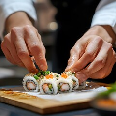Culinary Elegance: Expert Hands Preparing a Delicate and Intricate Sushi Creation, hand holding sushi