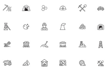 Mining industry line icon set, simple outline symbols of coal extraction, quarry and geology, vector icons collection