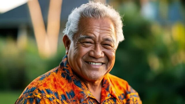 Smiling elder with patterned shirt