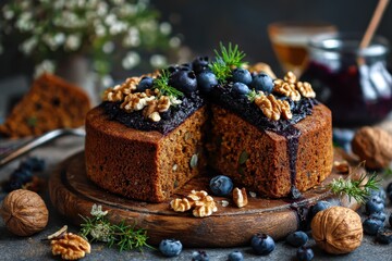 Tasty vegan gingerbread cake made with whole wheat walnuts and blueberries