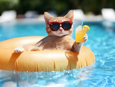 Cool Cat Vibes: A Stylish Feline Sipping a Tiny Cocktail on a Sunny Patio