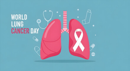 Obraz premium World Lung Cancer Day Medical Illustration – Lungs, White Ribbon, and Healthcare Symbols