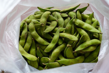 Fresh Edamame Pods in a Plastic Bag Ready for Preparation