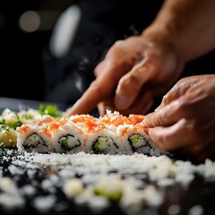 Precision in Motion: A Chef’s Hands Crafting an Intricate Sushi Roll with Care, hand holding sushi