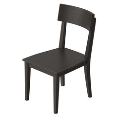 Isometric view of a modern dark wood dining chair isolated on a grey background.