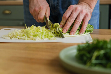 Handsome bearded man is preparing green fresh vegan salad in the kitchen at home. Male cutting...