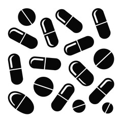 A collection of black medical pills and capsules scattered on a white background
