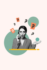 Collage of woman man person with question marks floating around symbolizing doubt decision making curiosity solution