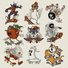 retro cartoon skateboarding mascot bundle 