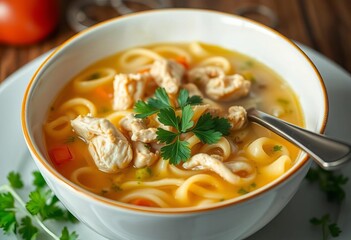 A steaming bowl of homemade chicken noodle soup, garnished with fresh parsley, homemade soup, recipe photo