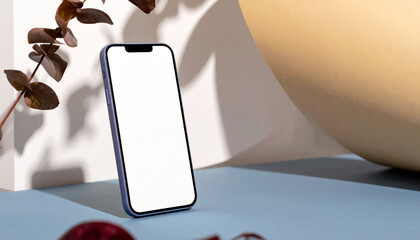 Modern lavender gray smartphone mockup with blank screen, styled on a soft slate blue studio background
