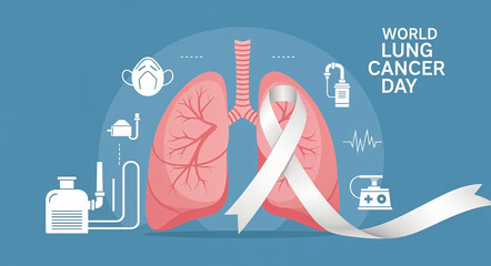 World Lung Cancer Day Medical Illustration &ndash; Lungs, White Ribbon, and Healthcare Symbols