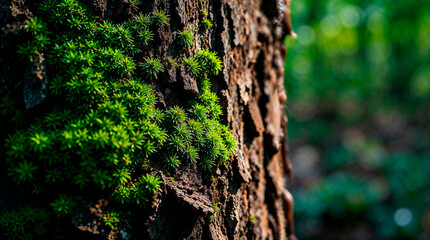 Close-up of vibrant green moss growing on the textured bark of a tree trunk in a forest
