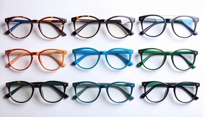 Stylish eyewear accessories featuring isolated black frame spectacles and clear optical lenses on a white background