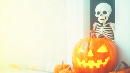 Halloween decorations with glowing pumpkin and skeleton on porch