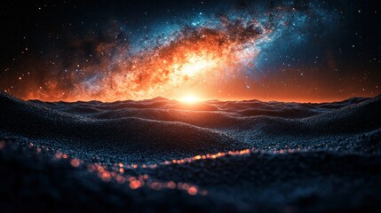 Fototapeta premium Cosmic landscape with vibrant sunrise over a textured alien planet