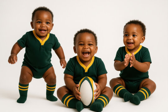 Three african american toddlers in matching rugby uniforms playing with a rugby ball indoors. Representation of childhood sports, diversity, and teamwork.