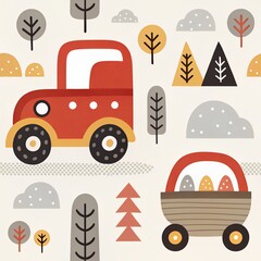 Farm seamless pattern. A cute tractor in a field is harvesting crops. Agricultural work, seasons, harvest concept.