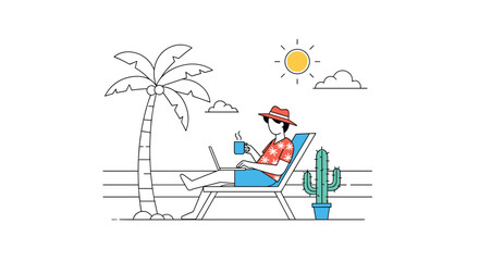 Obraz premium Man relaxing on beach chair with laptop and drink under palm tree