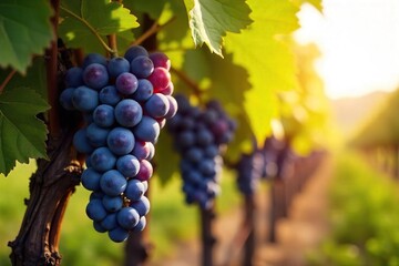 Sun-Ripened Grapes Hanging Heavy on the Vine, Ready for Harvest in a Picturesque Vineyard.  Ideal for wine labels, publications, and advertising.