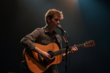 Acoustic Guitar Player Performing on Stage in a Dimly Lit Room