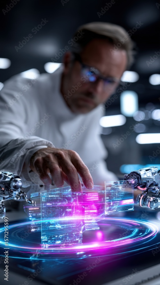 Poster Advanced futuristic technology scientist analyzing holographic digital interface in high-tech lab environment with glowing data visuals