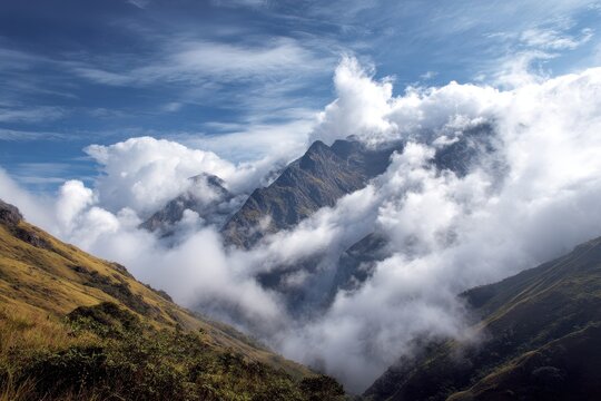 The stunning clouds sky and mountains create a picturesque natural landscape - Powered by Adobe