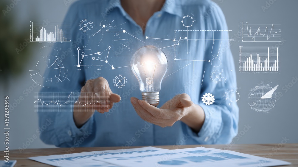 Poster Innovative digital technology concept with a person holding a glowing light bulb surrounded by graphs charts and icons representing ideas and creativity in a modern workspace