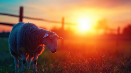 Sheep grazing at sunset amidst a serene pasture landscape