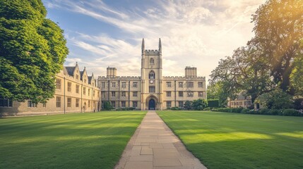 A grand, historic university building with a clock tower, surrounded by lush green lawns and trees, under a clear blue sky with scattered clouds.