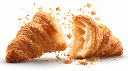 Freshly baked croissant broken in half with crispy golden crust and airy layers inside, crumbs flying in mid-air on white background.
