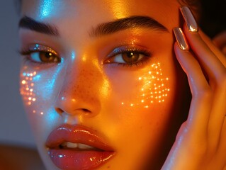 Futuristic Glam: A Model’s Face Adorned with Dazzling Metallic Highlights, portrait of a girl