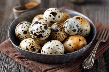 Fototapeta premium Tin bowl of quail eggs on wooden table