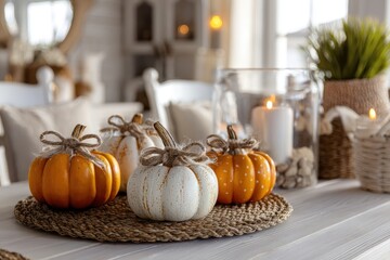 Tiny ornamental pumpkins on the table