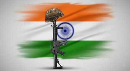 Fototapeta premium Indian Army Tribute – Helmet on Rifle with Flag Background for Kargil Poster