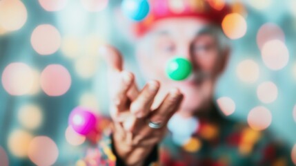 Senior clown juggles colorful balls during festive celebration at indoor event