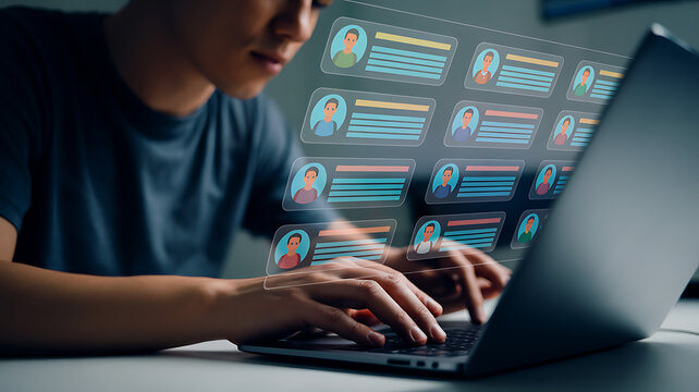 Young person focused on laptop screen with digital data in background - Powered by Adobe