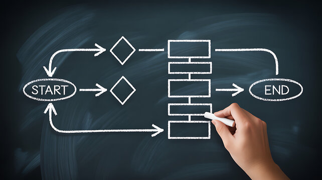 Hand drawing a flowchart on a blackboard illustrating a process