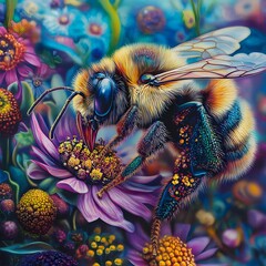 Tiny Worker: A Detailed View of a Bee Harvesting Nectar in Full Bloom, bee and flower
