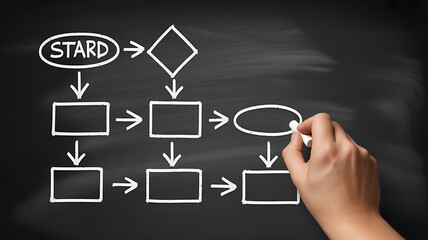 Hand drawing a flowchart on a blackboard with chalk