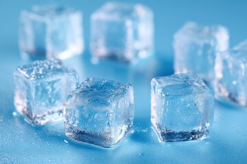 Obraz premium Transparent ice cubes with frost on a blue surface