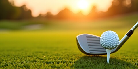 a golf club resting on the grass with a golf ball on a tee