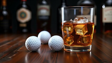 a glass of whiskey with ice cubes on a wooden table